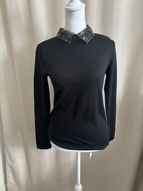 Club Monaco Black Embellished Collar Long-Sleeve Women's Top